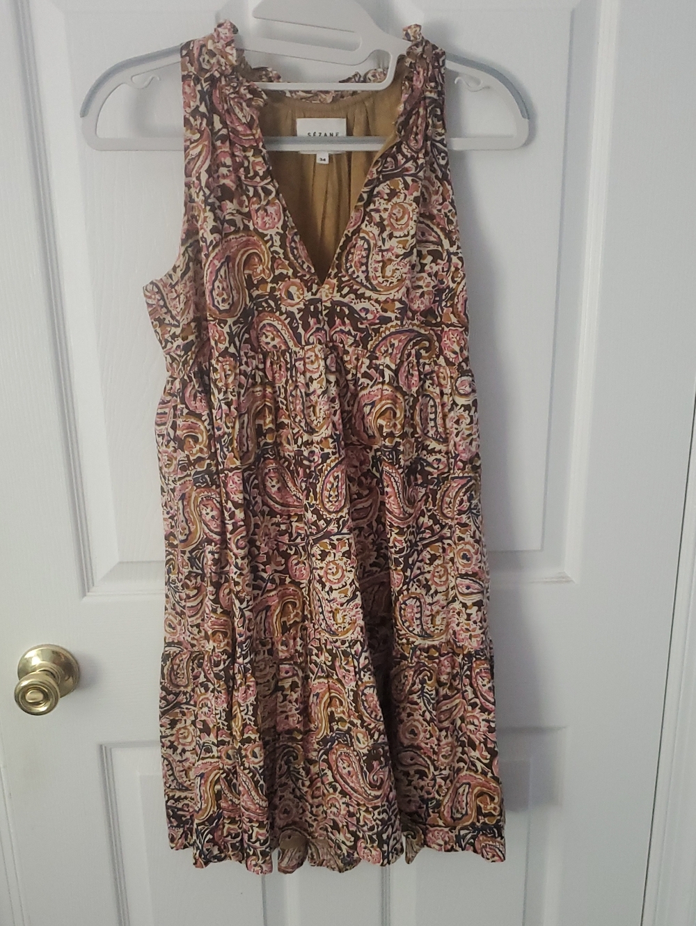 Sezane Pink and Brown Paisley Tiered Mini Dress